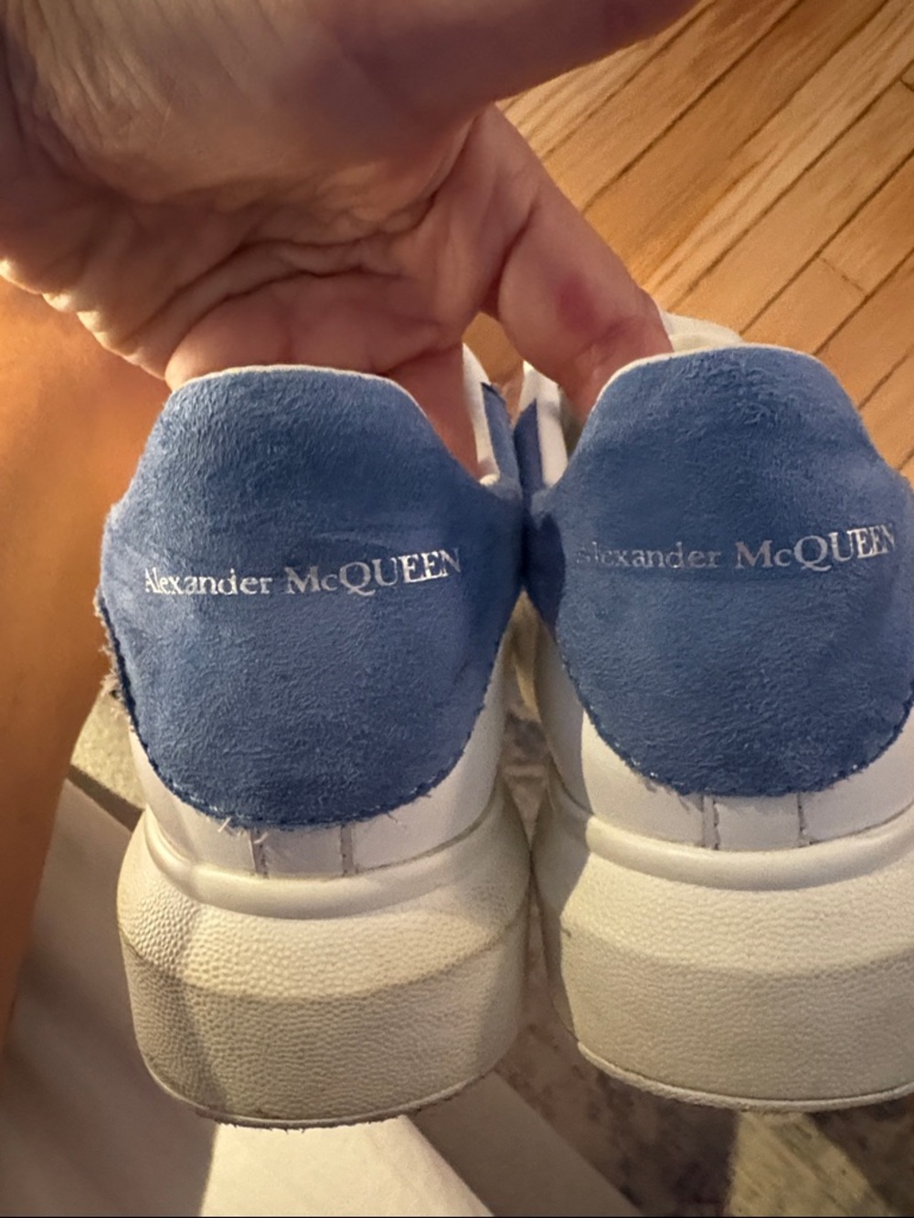Alexander McQueen White Leather Sneakers with Blue Suede Heel Tabs  - size 38